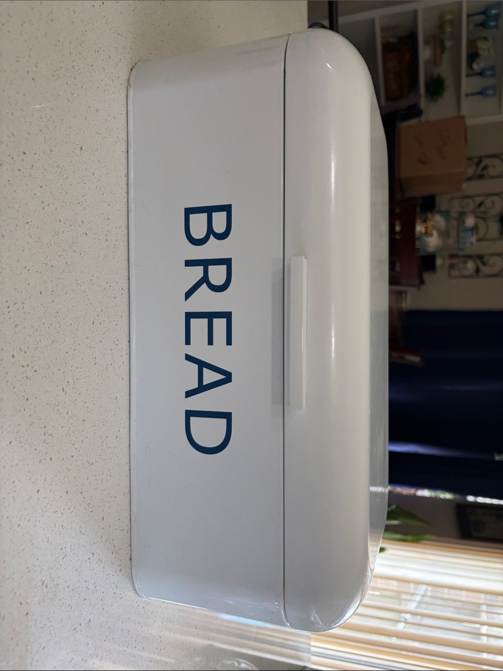 White Metal Bread Box with Bold Navy Lettering